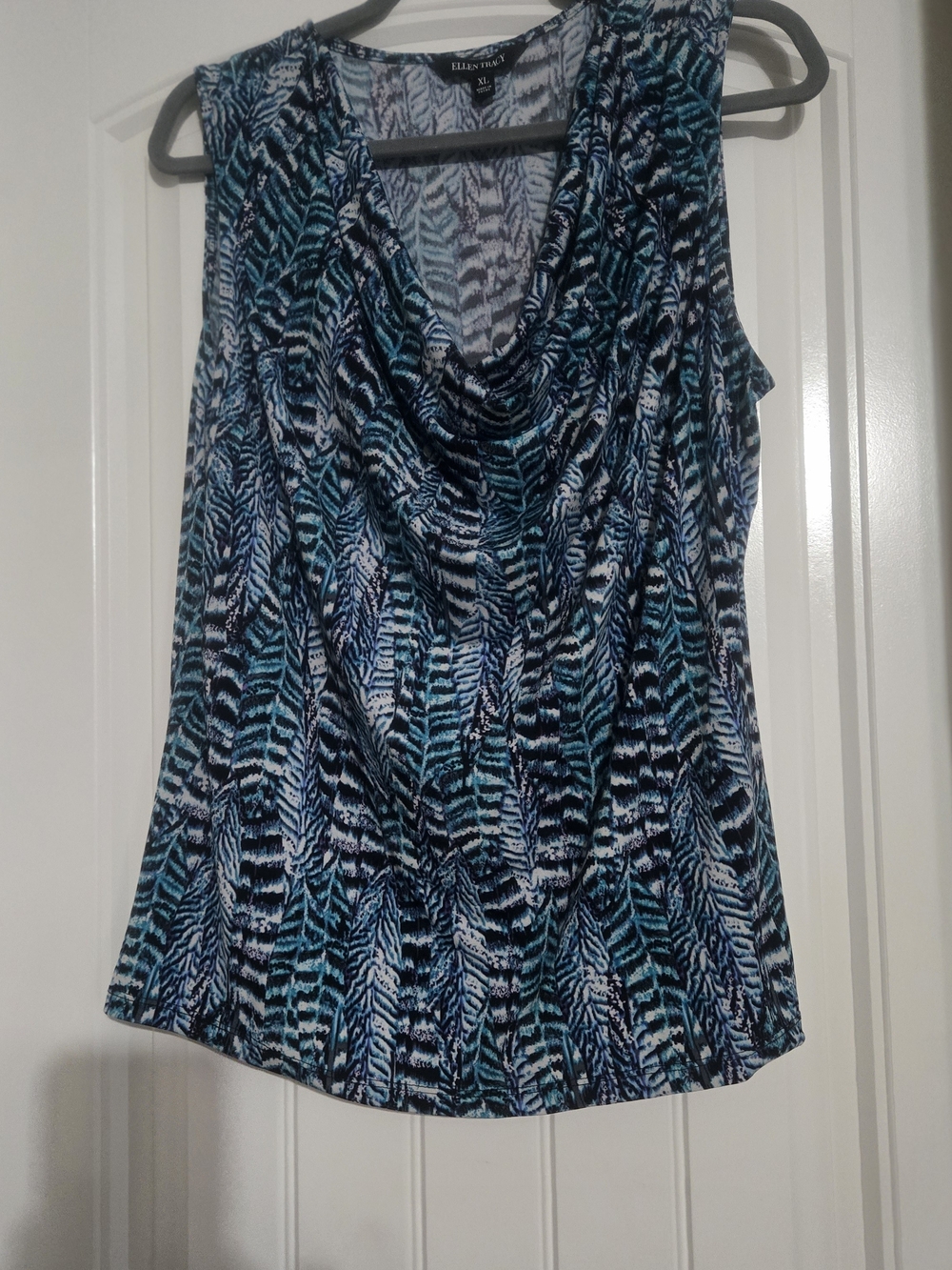 Ellen Tracy Teal, Navy & White Printed Sleeveless Cowl Neck Blouse